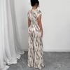 Women Off Shoulder Abstract Print Belted Wide Leg Elegant Jumpsuit