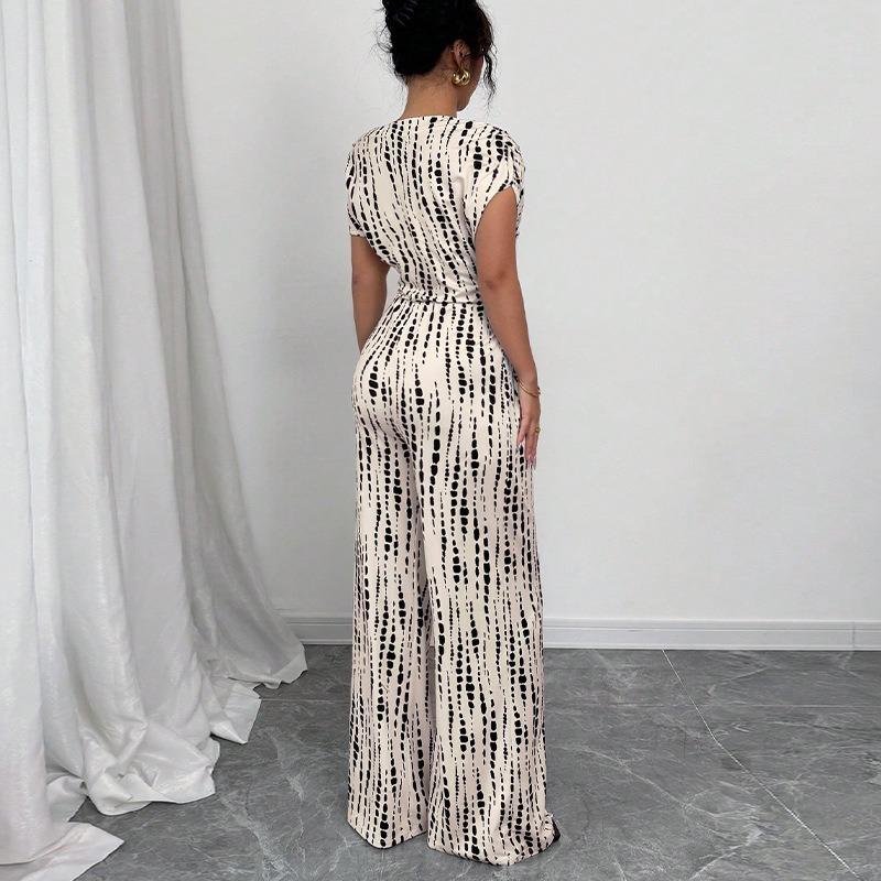Women Off Shoulder Abstract Print Belted Wide Leg Elegant Jumpsuit