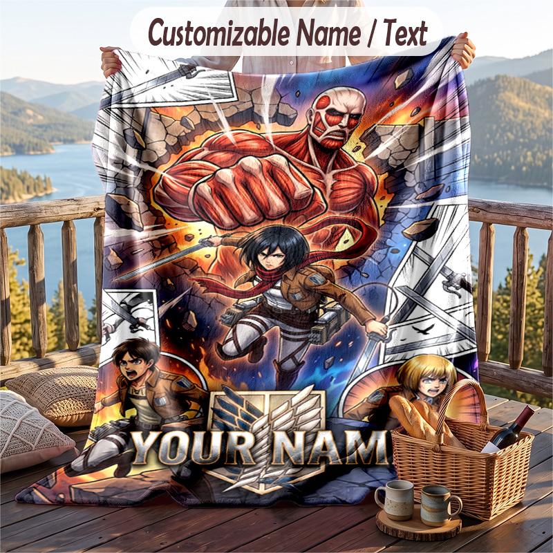 Personalized Flannel Throw Blanket,Attack On Titan Custom Printed Name, Cozy Plush Blanket For Home Use