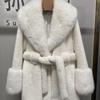 2024 Eco-Friendly Mink & Faux Fox Fur Slim Long Coat with Large Collar