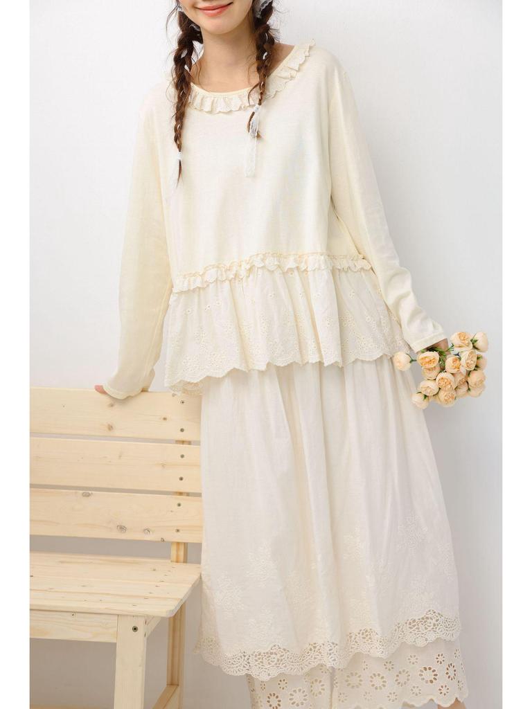 Spring Japanese Literary Lace Collar Knit T-shirt: Loose Embroidered Pure Cotton Layered Top for Women