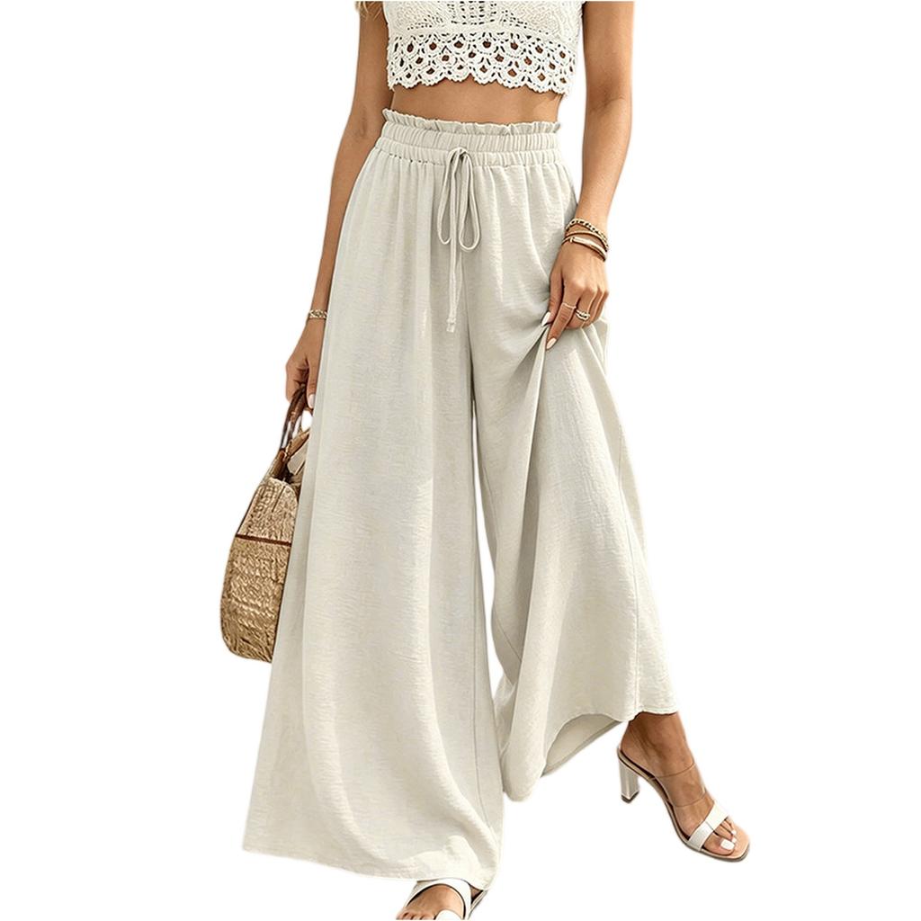 Women Loose Wide Leg Pants Elastic Waist Drawstring Trousers Casual Vacation Straight Leg Palazzo Pants