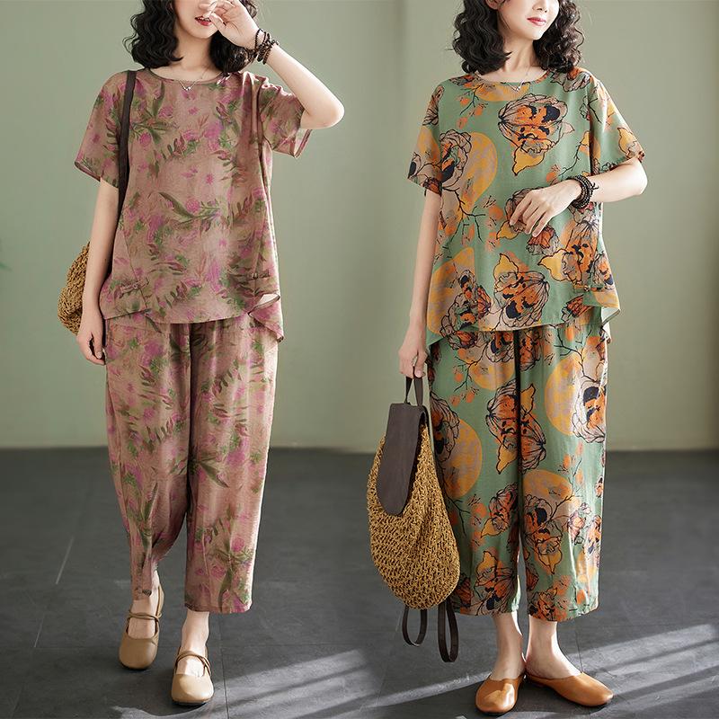 2025 Summer Cotton Linen Floral T-shirt & Harem Pants Set for Women