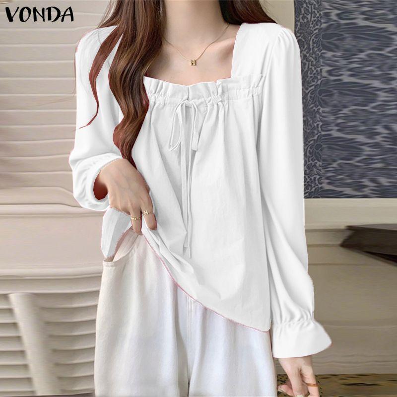 VONDA Women Square Collar Long Sleeve Lace-up Solid Elegant Blouses Tops