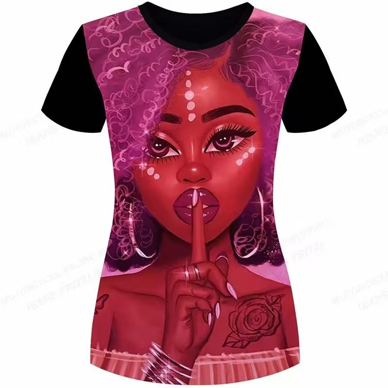 Melanin Girl Natural Hair Pattern T-shirt, women's T-shirt, African casual short-sleeved round-neck top T-shirt
