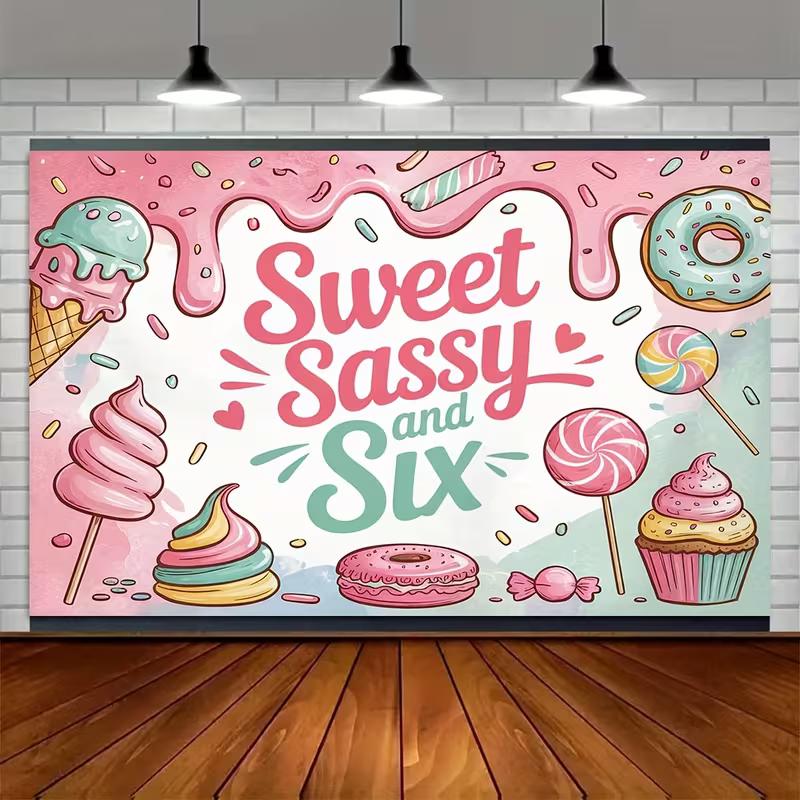 2D Pink Birthday Backdrop "Sweet Sassy and Six!" with Donuts, Cupcakes & Sprinkles Background