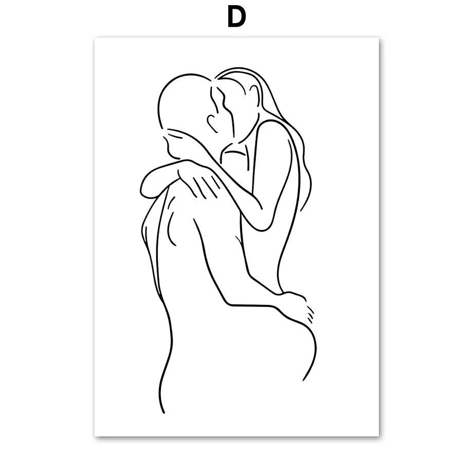 Minimalistische Linien-Paar-Kuss-Wandkunst, Nordische Poster und Drucke, Leinwandbild, Bilder für Wohnzimmer-Dekoration, Schwarz und Weiß