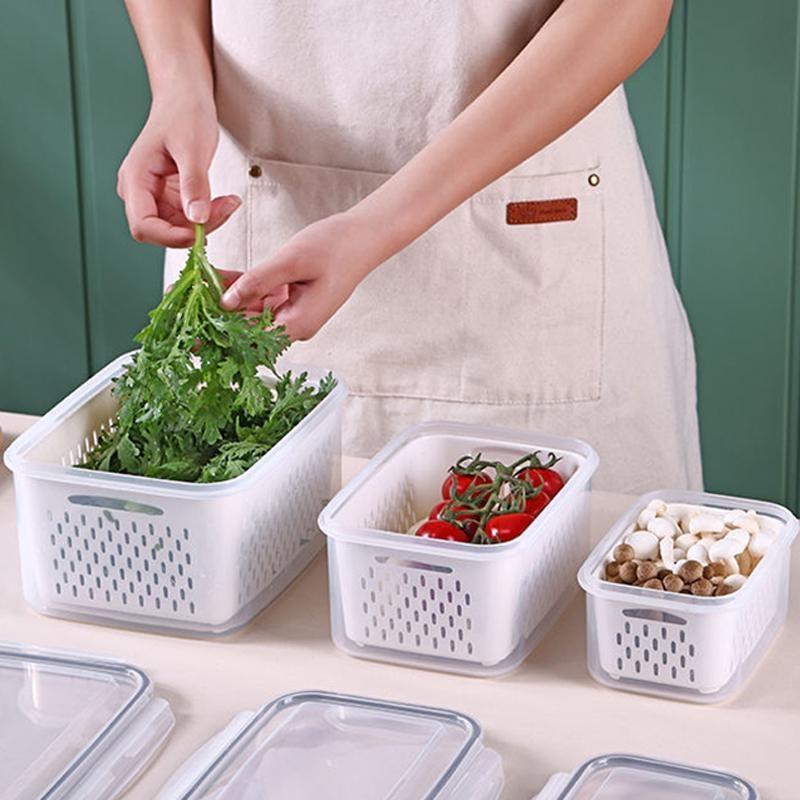Refrigerator Fruit Vegetable Drain Storage Box, Airtight Lidded Plastic Fresh-Keeping Container, Freezer & Kitchen Food Organizer Bin