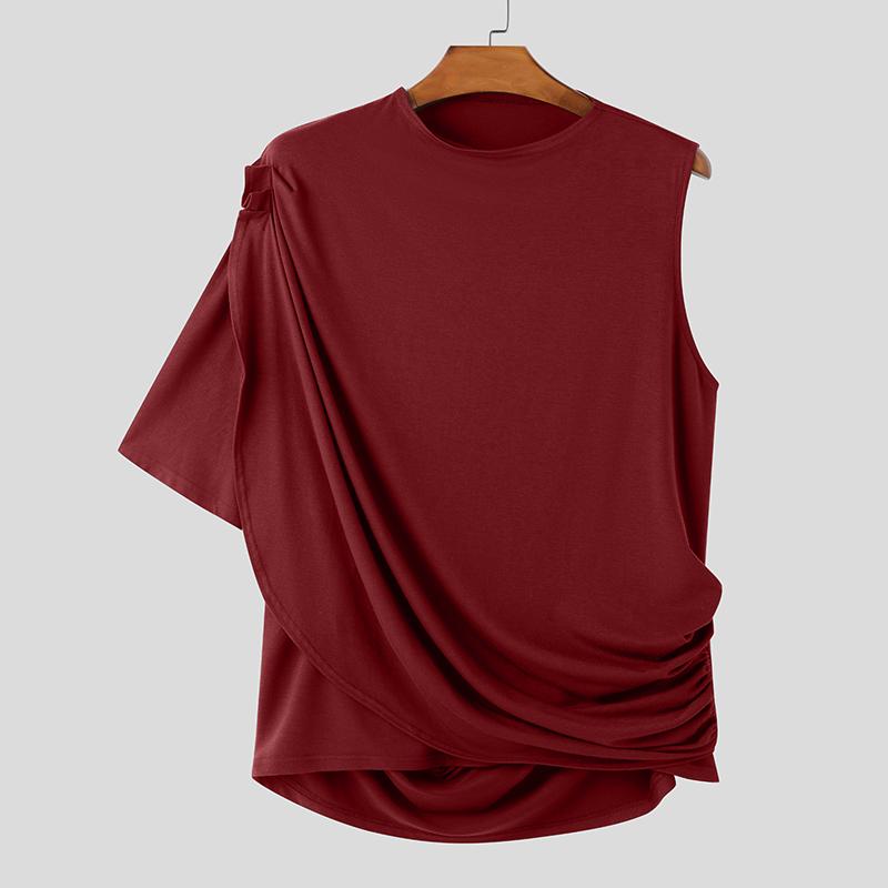 

INCERUN Summer Men One Shoulder Irregular Sleeve Ruffled Backless Casual Party Tops L червоний