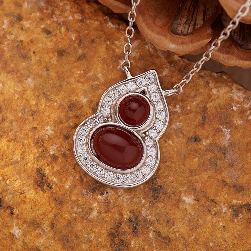 Natural Garnet Turquoise Hetian Jade Lapis Lazuli Nanhong Gourd Pendant Necklace Women'S Set S925 Sterling Silver Colored Treasure