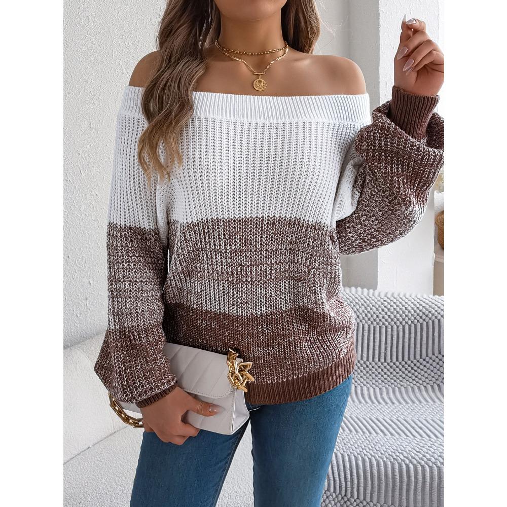 New Arrival Women's Oversized Casual Colour-Block Off-the-Shoulder Bell-Sleeve Pullover Knit Top
