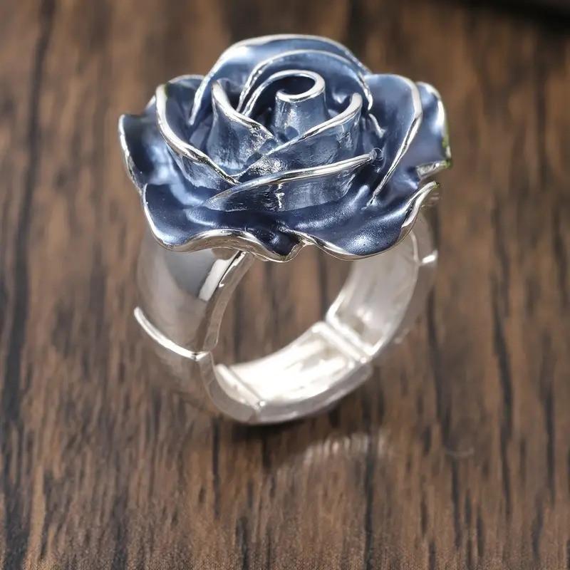 CopperOil Blue Rose Rings For Women Punk Vintage Flower Wedding Band Engagment Jewelry