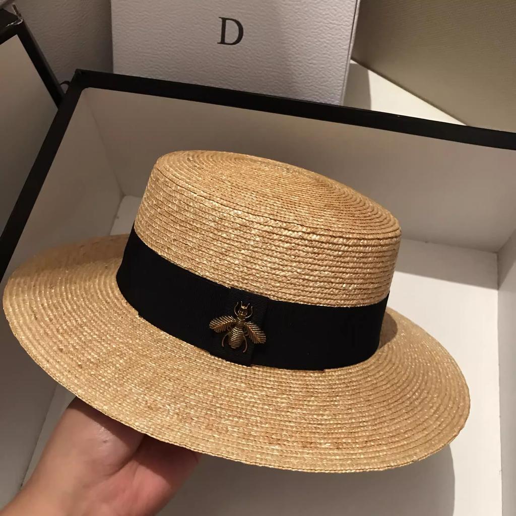 Boater Straw Hat wide brim French elegant square ribbon women's sun hat holiday straw hat