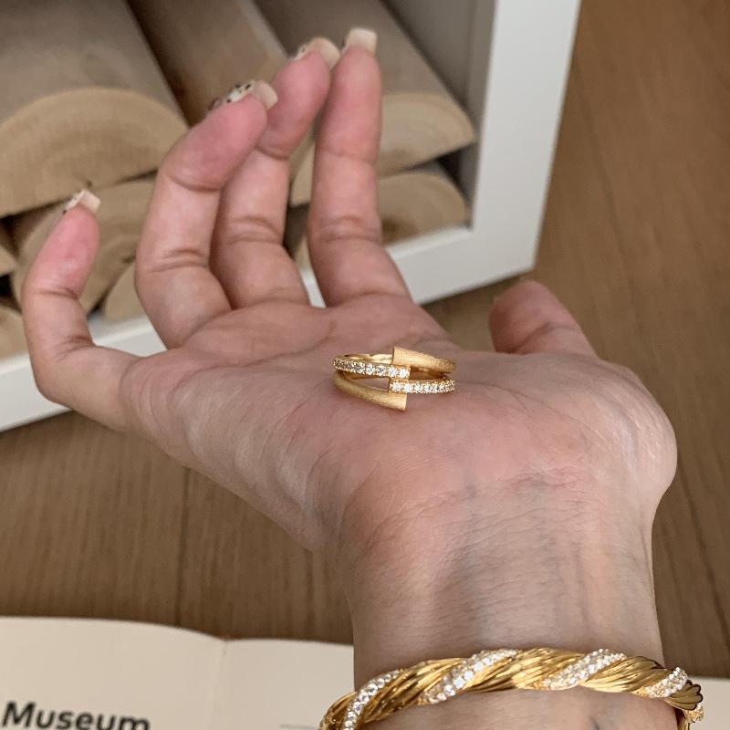 French Light Luxury Brushed Double-Layer Ring Inlaid With Zircon Cross Ring, Simple Niche Design Versatile Ring