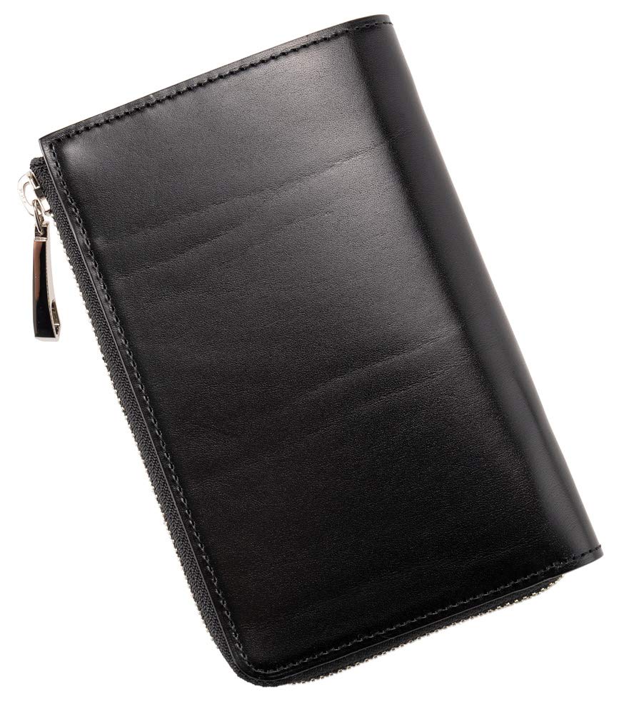 Geldbörse Luga Umhängetasche Vollpflanzlich gegerbtes Leder 6281 Schwarz [CYPRUS] Zweifach faltbar (Vertikaler L-förmiger Reißverschluss) &