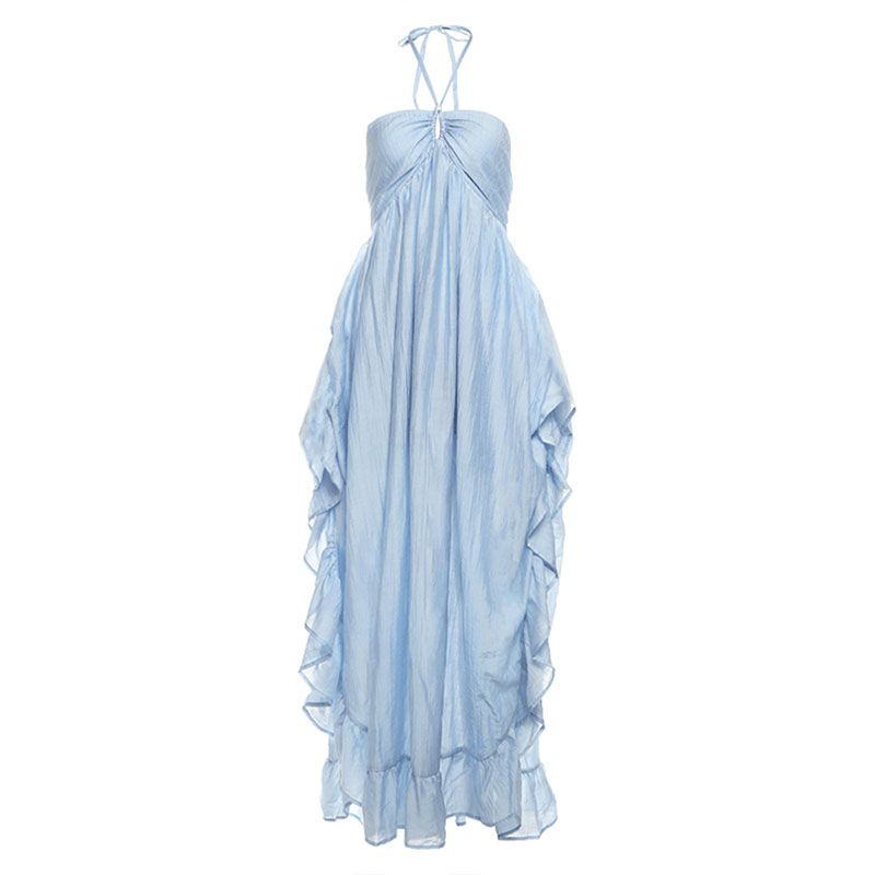 

# Sisjuly# French style Cool Moonlight Iceland Blue Split Hollow Design Frill Hanging Neck Dress Women Summer Blue L