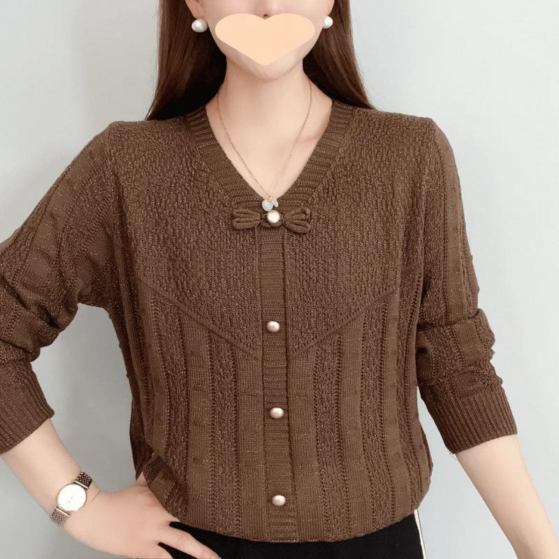 

Spring and Autumn Fashion V-Neck Loose Long Sleeve Knitted Sweater Women s Bow Mom s Temperament Casual Hollow Bottom Top One Size F