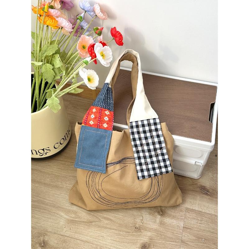 

Women Vintage Patchwork Canvas Shoulder Bag Japanese Style Large Capacity Tote Bag Fashion Shopping Handbag For Students Daily