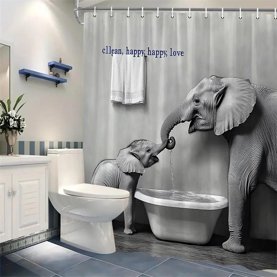 1pc & Adult Elephant with Bathtub Shower Curtain - Black-and-White Photography Design, Minimalist Bathroom Decor, Durable Polyes