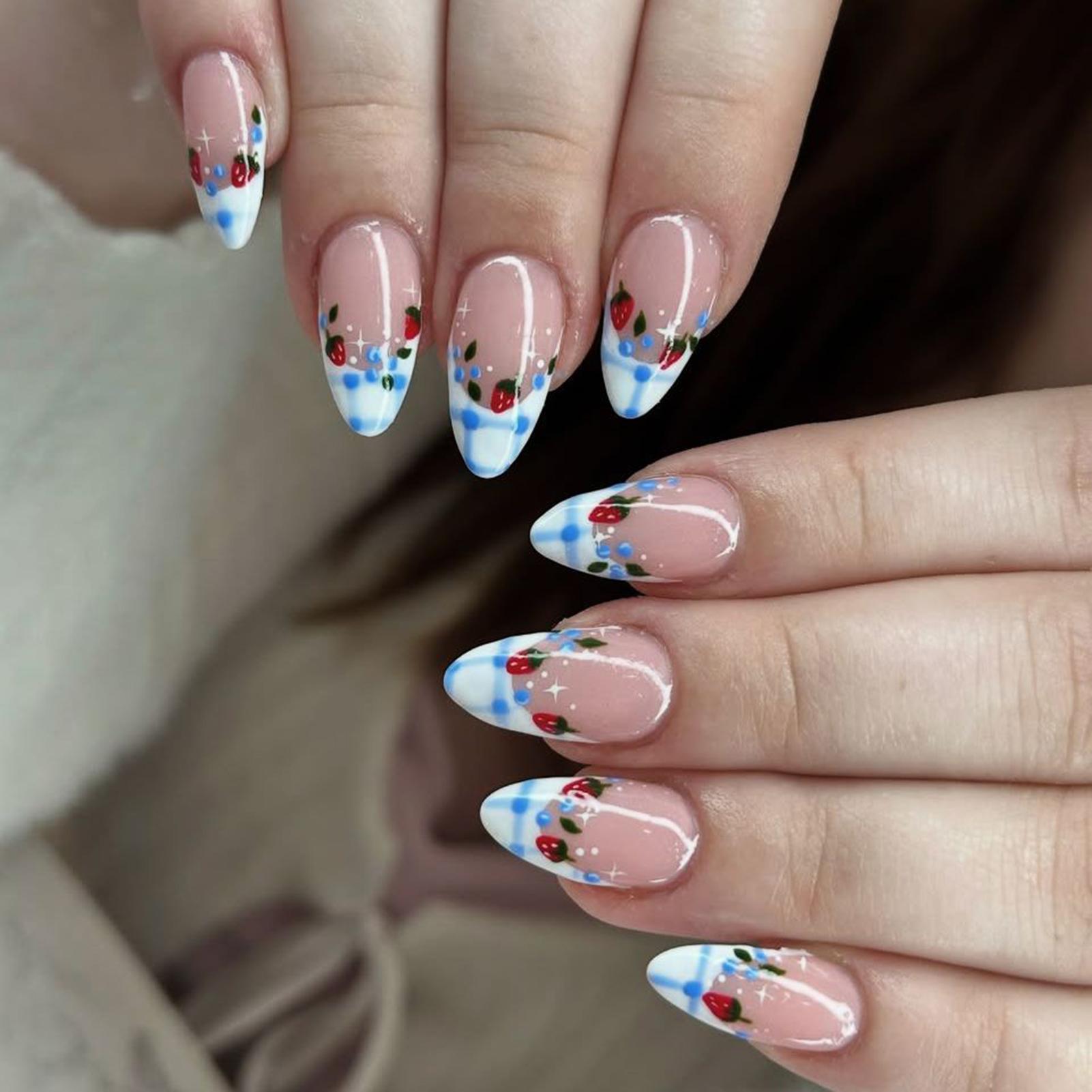 24pcs Blue Gingham Strawberry Pattern False Nails Almond Shape False Nails Press On Nails Women Daily Wear Wearable False Nails
