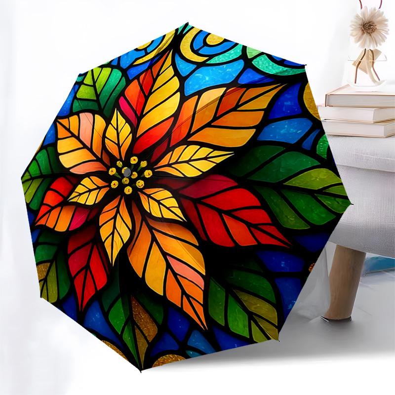 

1pc Autumn Leaf Stained Glass Auto-Open Close Umbrella - Portable Tri-Fold Design with 8-Bone Iron Frame - Outdoor, Gift for Fans, Travelers, Daily Us