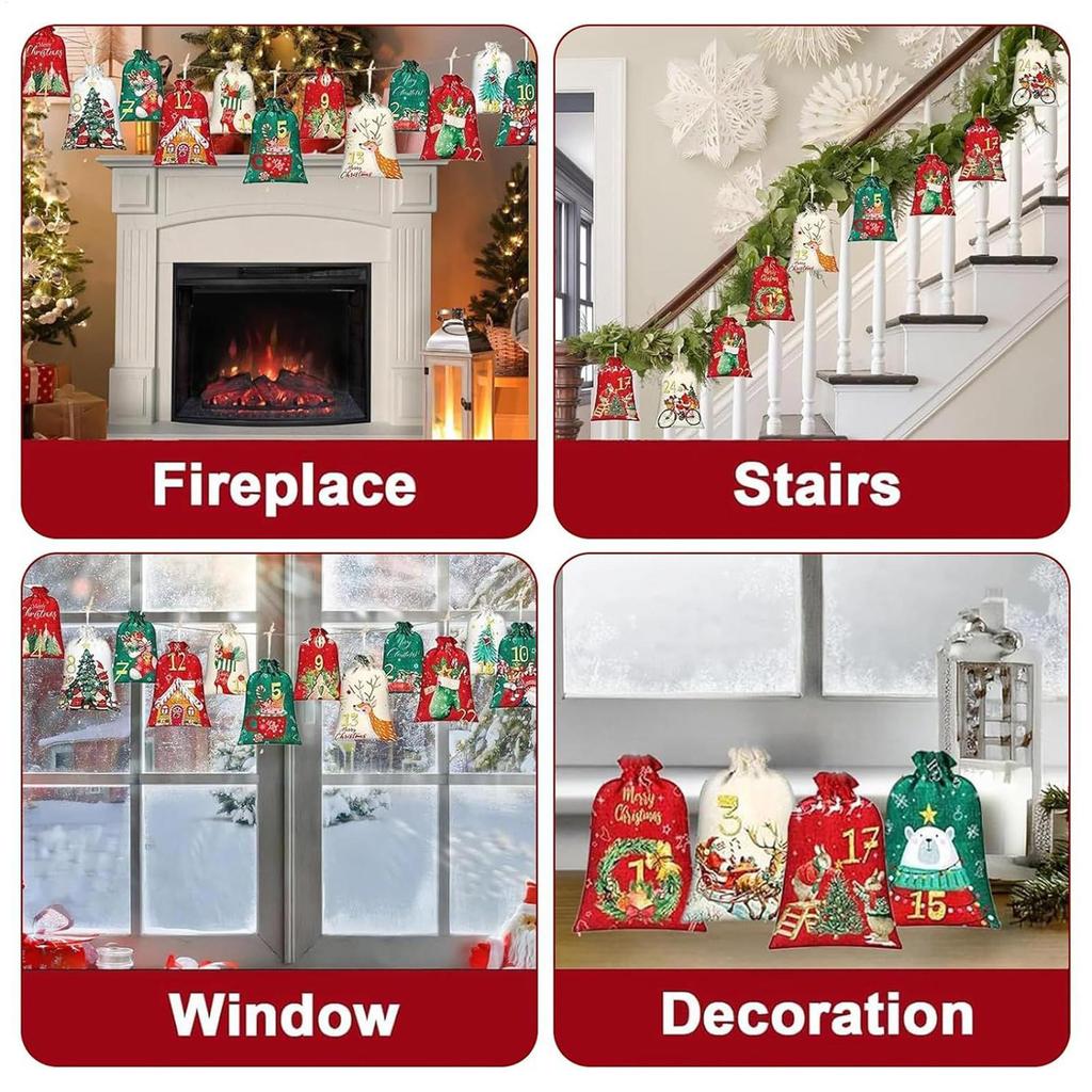 Christmas Bag 24Piece Countdown Calendar Pouch Christmas Candy Bag For Party Birthday Kids Tree Candy Wedding Holiday Baby