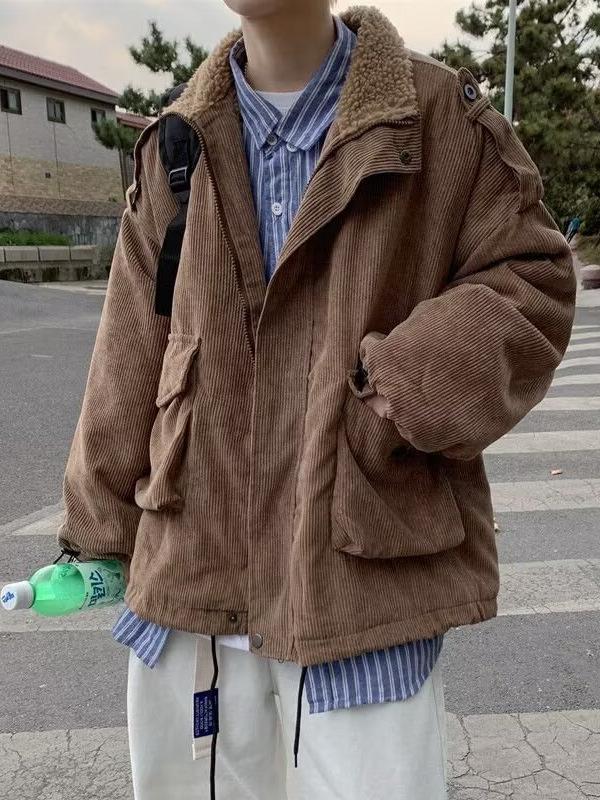 Herren Cord Baumwolljacke im Hongkong-Stil mit warmem Lammwollfutter und Stehkragen