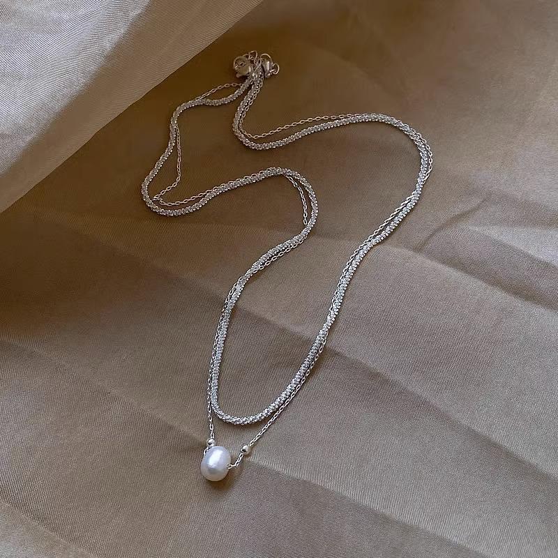 Double-layered Freshwater Necklace for Women, Stylish and Sparkling Design, Cool and Elegant Style, Collar Chain