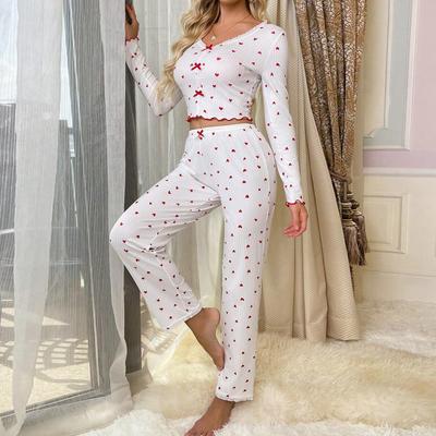 Pijama Takımı Sevimli Ev Hizmeti Kıvrımlı Aşk V Yaka Uzun Kollu Pijama Kadınlar Pantolon Giyebilir İki Parçalı Takım