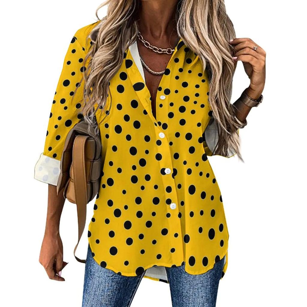 Damen gepunktetes Hemd Mode Neu Frühling und Herbst Lässig Elegant Langarm Revers Oberteil Street Style Personalisiertes Hemd