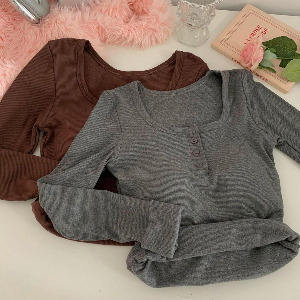 Women's Slim Fit Square Collar Long-Sleeved T-Shirt with Chest Pads for Autumn and Winter