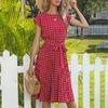 Women Polka Dot Print Midi Dress Crewneck Short Sleeve A-line Dress with Belt Summer
