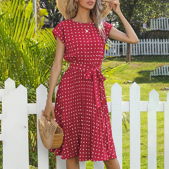 Women Polka Dot Print Midi Dress Crewneck Short Sleeve A-line Dress with Belt Summer