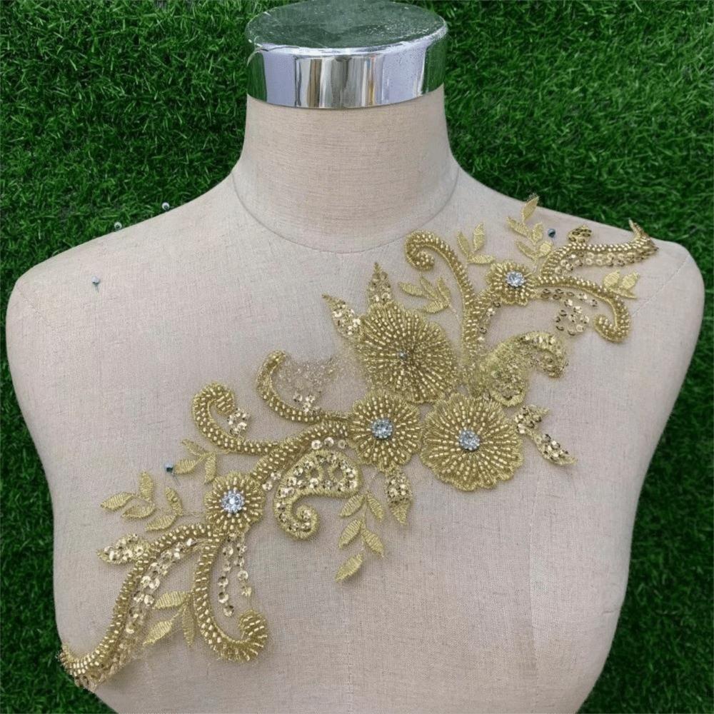 Кружевная Аппликация-Нашивка Цветок из Страз Ручная Вышивка Цветок-Аппликация Аксессуары для Вечернего Платья Стеклянные Стразы Аксессуары для Свадебного Платья