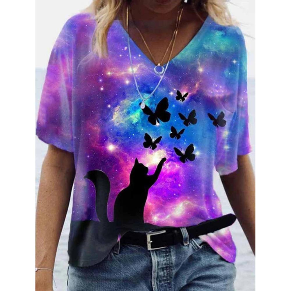 Summer Cat Butterfly 3D Printed Women s T-shirt Retro Street Wear T-shirt XS