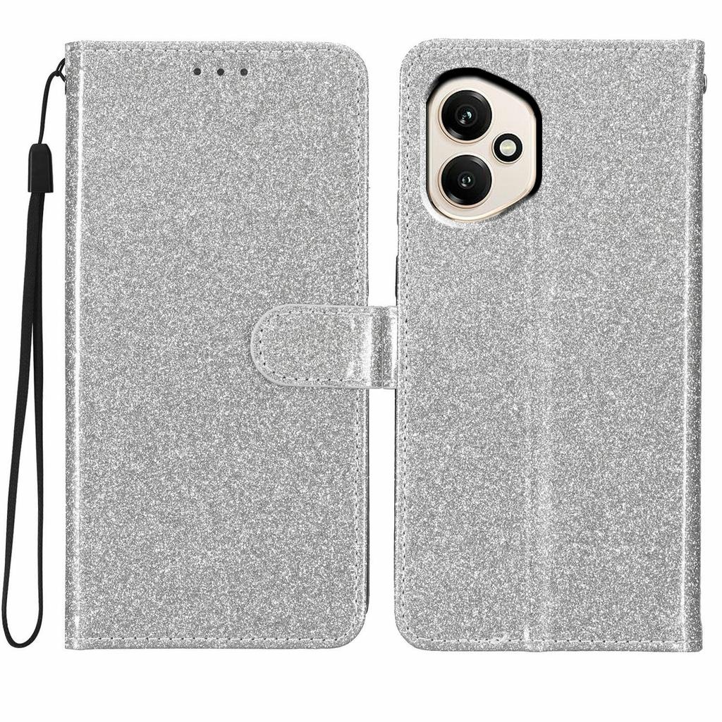 Für Honor 400 5G (Global) Glitzernde Kratzfeste Leder-Ständer-Handyhülle mit Riemen