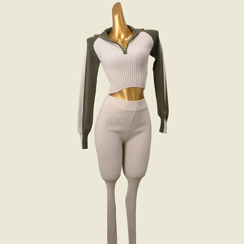 American vintage Lapel High Elastic Sunken Stripe Short Knitted Top + Slim fit Thread Trousers Fashion Cards Two-piece Set