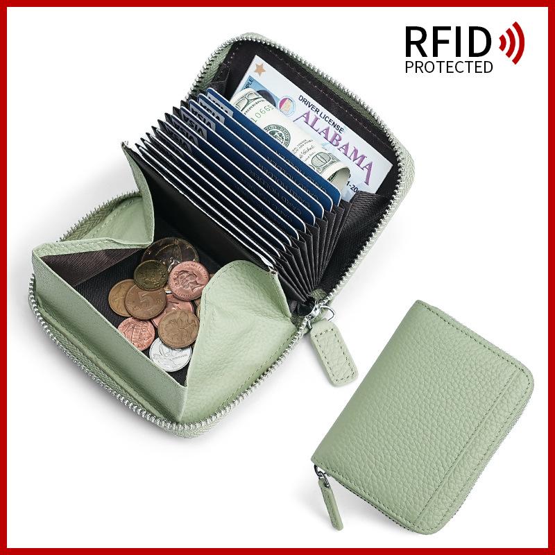 Japanese Style Cowhide RFID Card Wallet, Accordion Multi-Slot Anti-Skimming Zipper Genuine Leather Card Holder for Daily Use