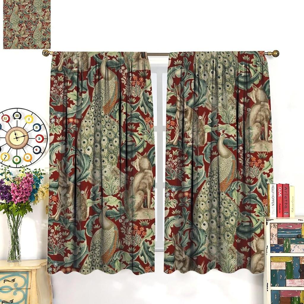 Vintage William Morris Wildlife Blackout Window Curtains   Rustic Boho Animal Plant Window Drapes   for Living Room Bedroom 21(W)*