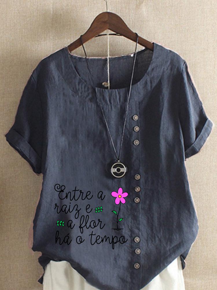 Women's Fashion Letter Print Casual Cotton Linen Short Sleeve Round Neck T-shirt Shirt Leisure Loose Summer Blouse Tops