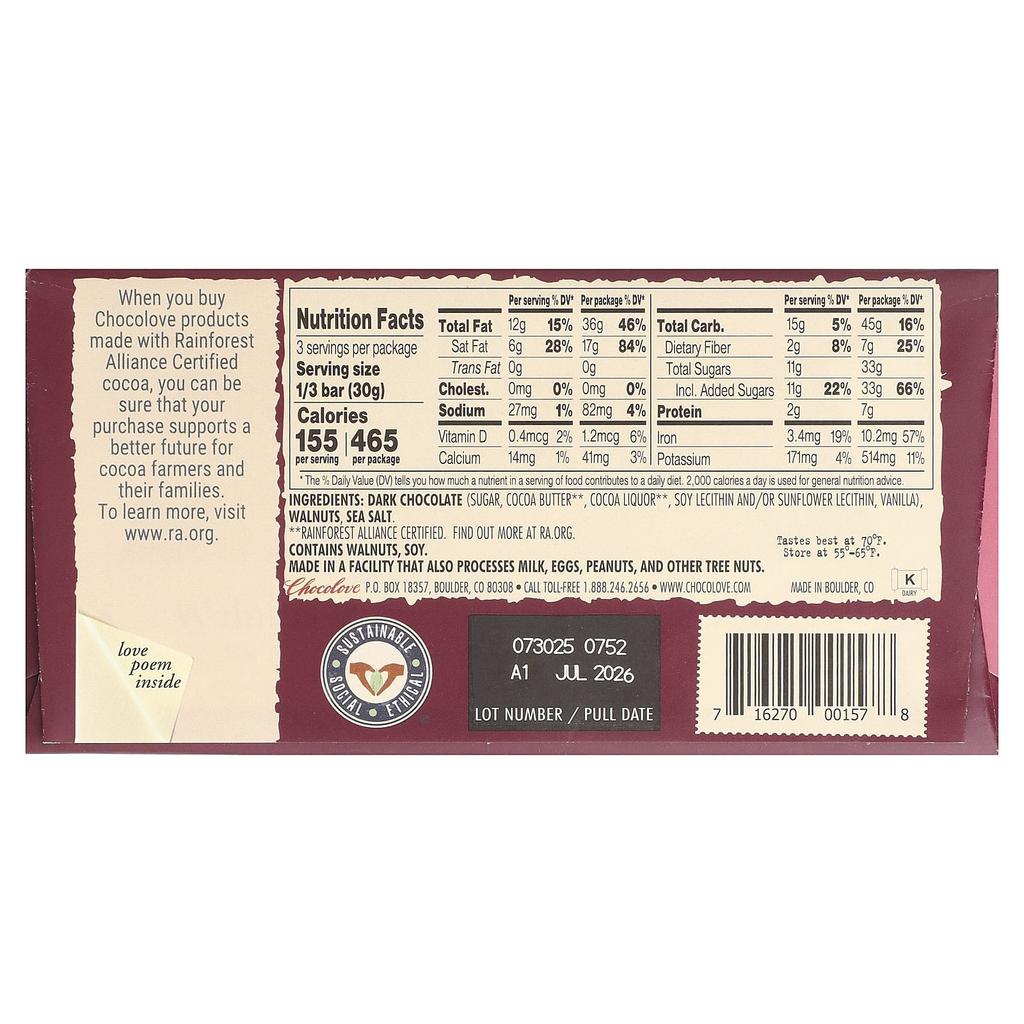 Chocolove, Walnut & Sea Salt Dark Chocolate, 55% Cocoa, 90g (3.2oz)