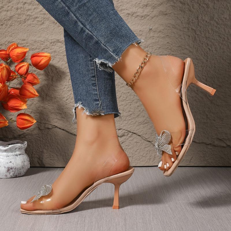 Women's Sandals Summer New Style Fashion Luxury Rhinestone Bow Designer Square Toe Open Toe Women's High Heels Large Size 35-43