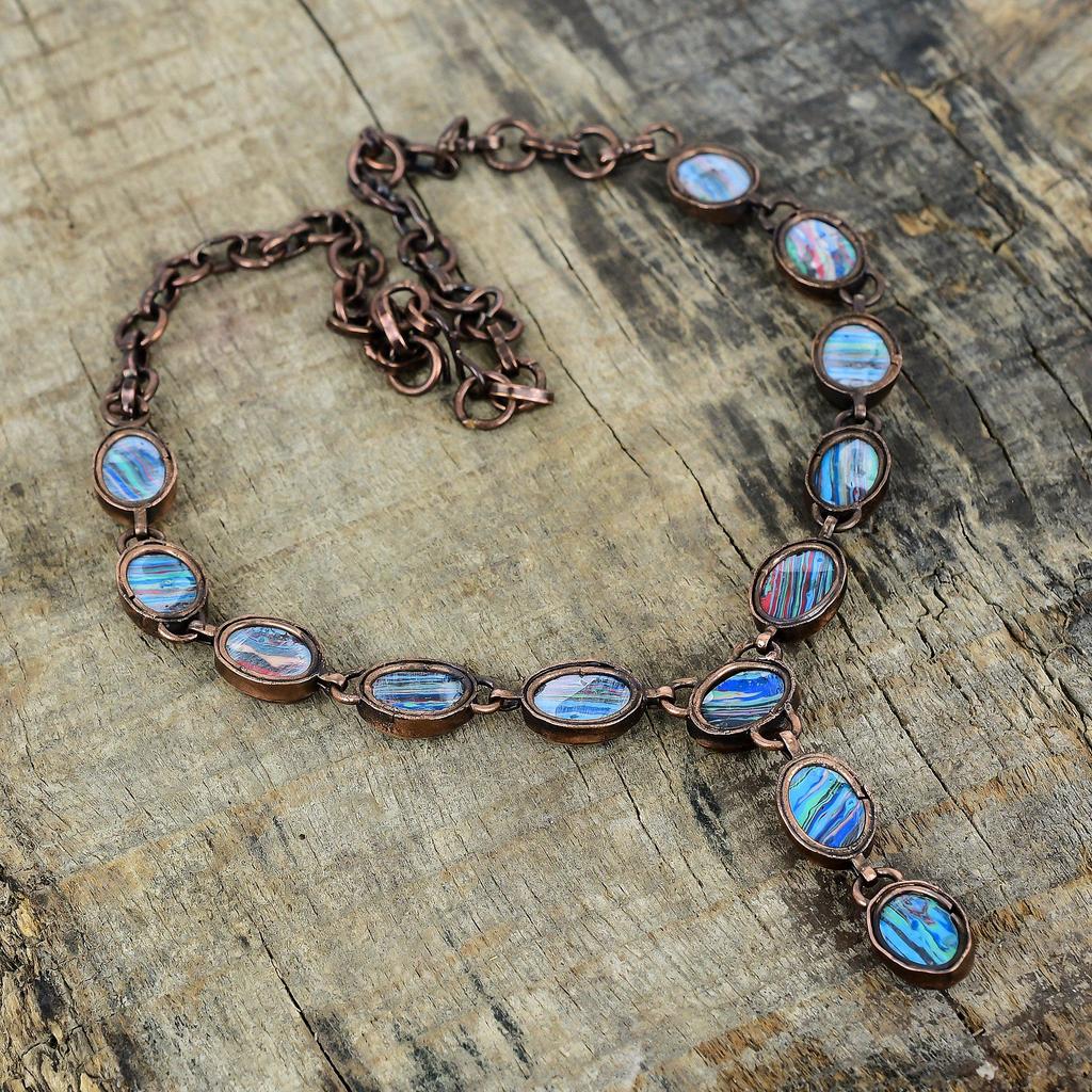Rainbow calsilica necklace electroformed copper necklace adjustable chain necklace gemstone copper jewelry gifts for women handmade necklace