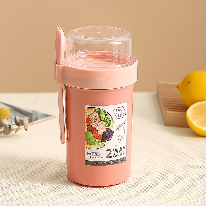 Portable Double-Layer Yogurt and Oatmeal Cup with Lid and Spoon for Salads and Nuts