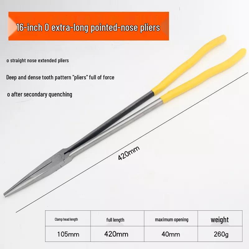16-inch Long Nose Pliers with 11-inch Clamping Pointed Nose, Bent Nose, and Extended Pointed Nose Models