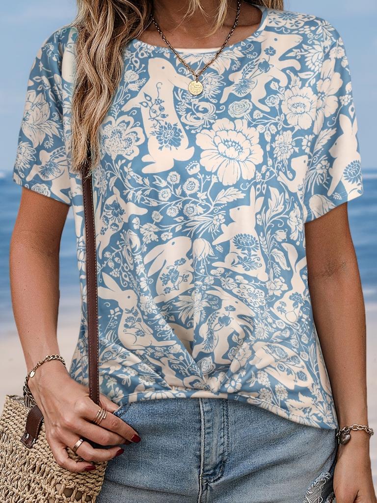 Women's T-shirt Summer Casual Round Neck Short Sleeve 3D Print Floral Pattern Top Loose Casual Wear Ladies T-shirt