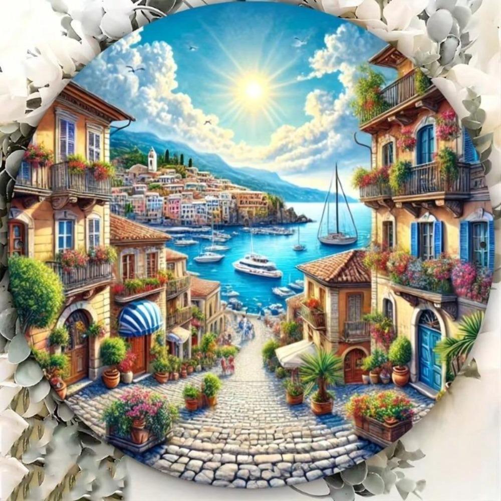 Fairy Tale Village Round Iron Wall Art 8 Inch Metal Panel Home Decor