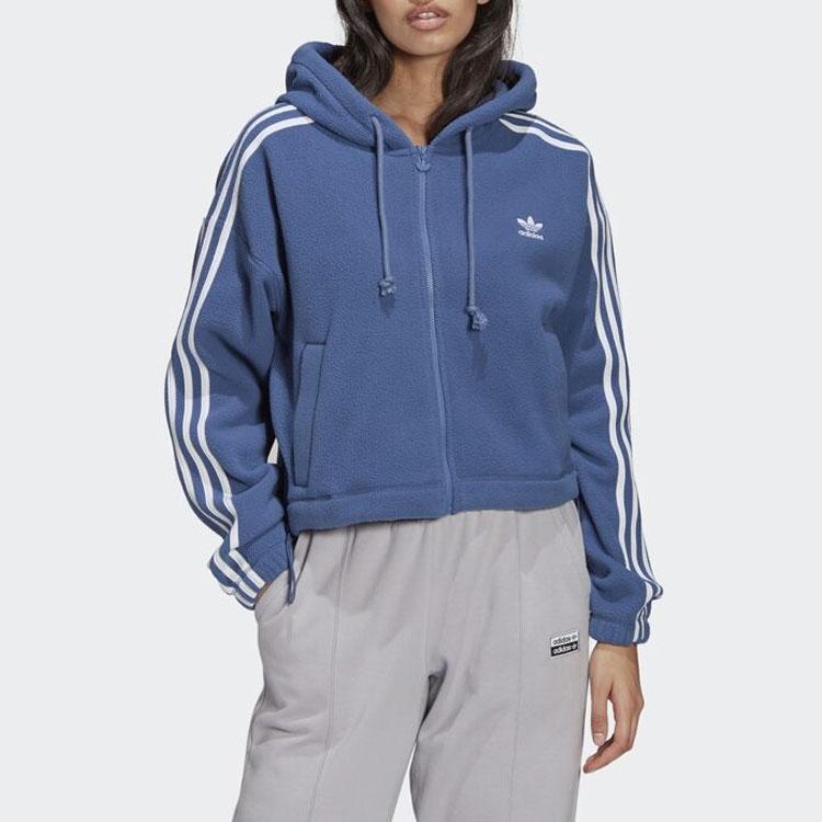 Adidas Originals Casual Sports Fleece Lined Hooded Cropped Coat Women's Blue GN2812