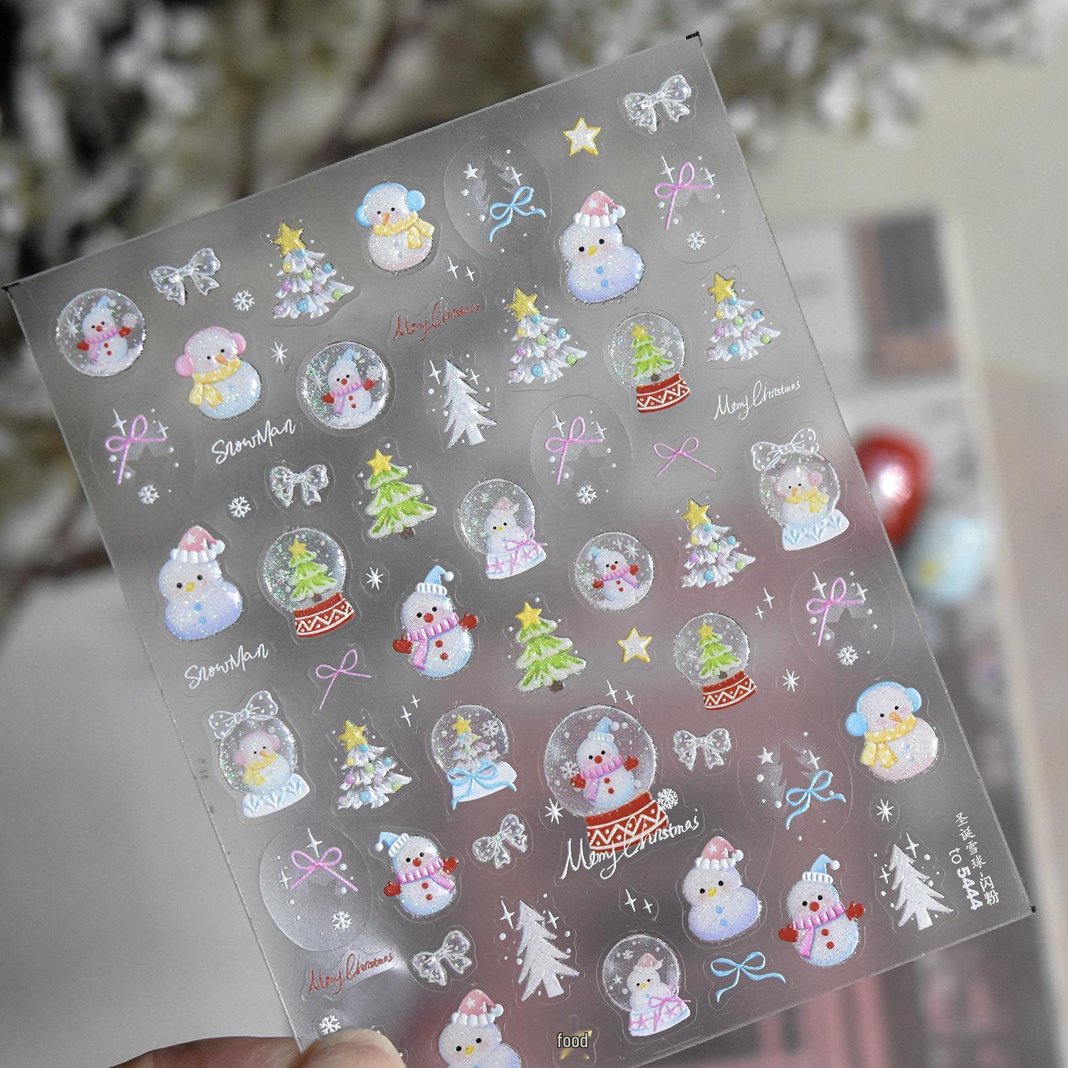 Tomoni Exquisite Ice Translucent Glitter Nail Stickers: Festive Christmas Tree & Snowman Design