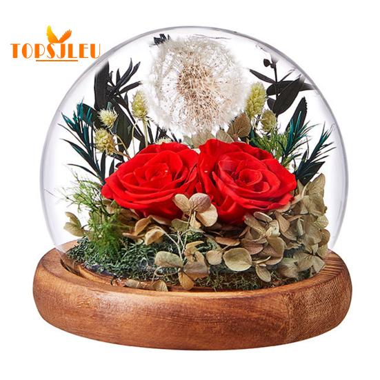 Capac din sticlă cu flori de păpădie veșnică, bază din lemn, cupolă din sticlă infinită păstrată de păpădie, soție iubita soție cadou de Ziua Îndrăgostiților